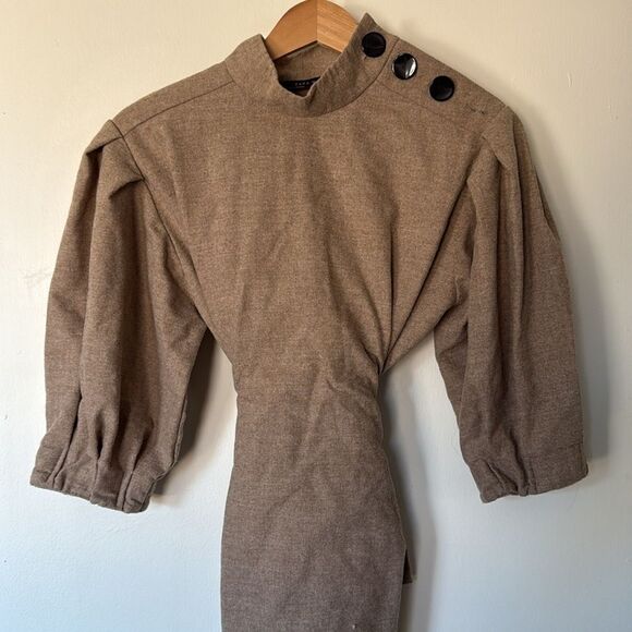 Zara Brown Black Puff‎ Sleeve Button Shoulder Tie Waist Top Medium - Picture 2 of 7